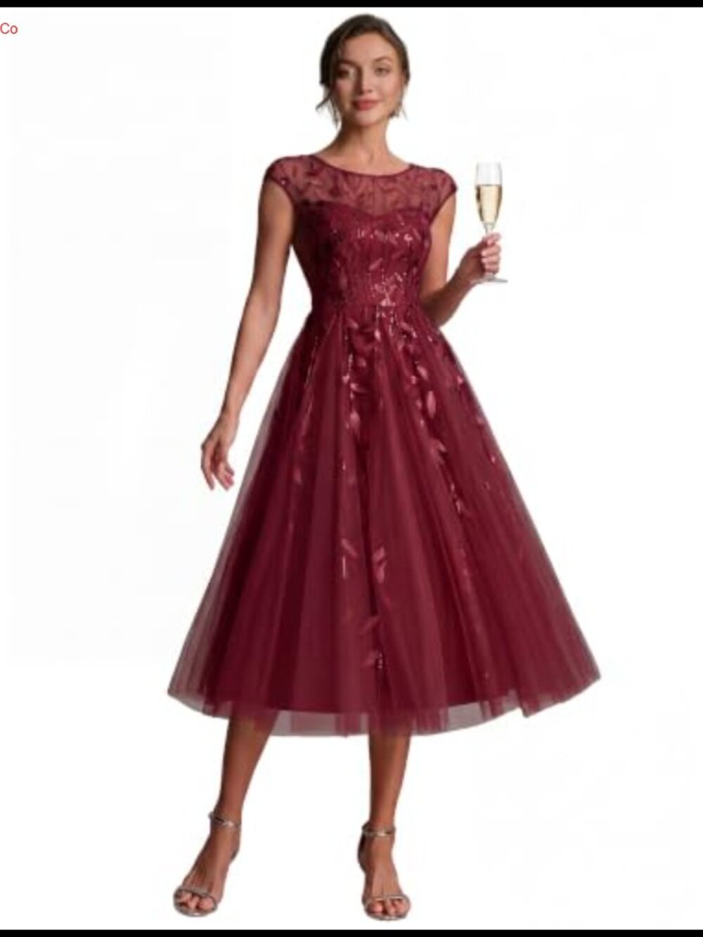 Sequin Tulle Midi Formal Dress Cap Sleeve A-Line Wedding Guest